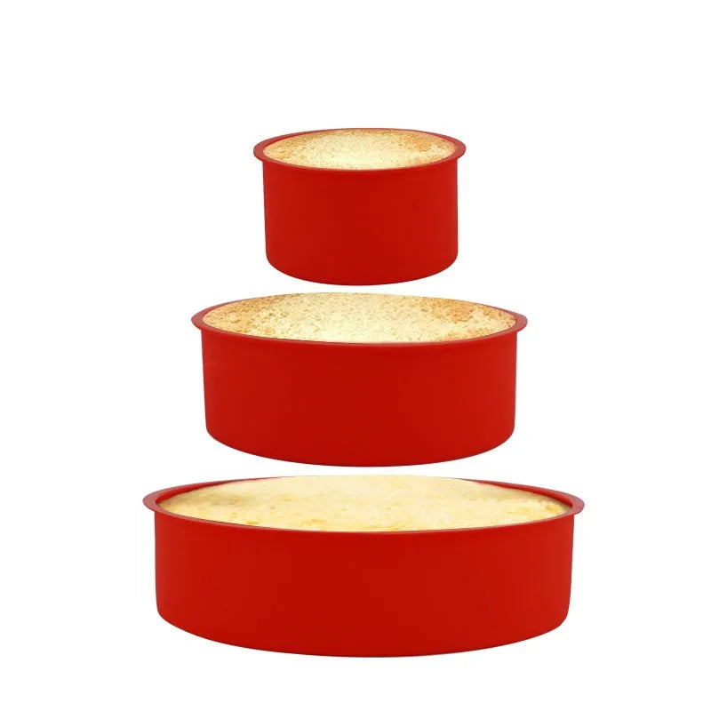 Red silicone round cake mould baking tray showing three sizes: 4 inch, 6 inch, and 8 inch diameters