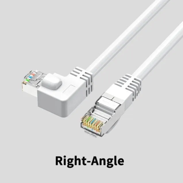 Coloured Cat6 Ethernet cable with a right-angled metal RJ45 connector plug in a choice of four orientations.