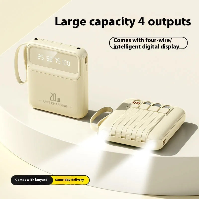 Mini power bank with four built-in cables and digital display in beige colour