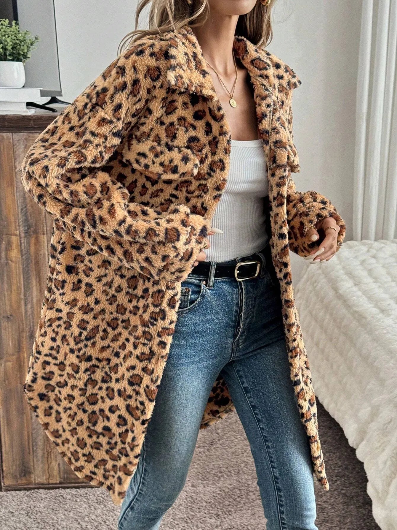 Double-sided plush long cardigan for women in dark brown with animal pattern, soft fleece texture
