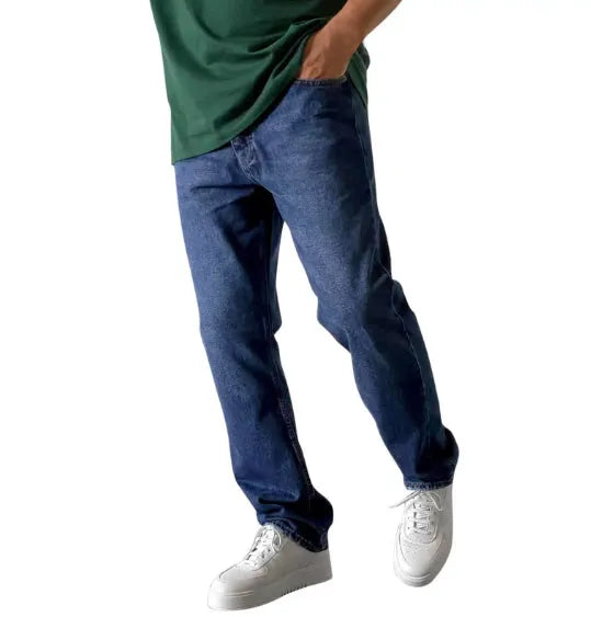 Men's cotton cowboy trousers, slightly flared, water-washed finish, available in dark blue