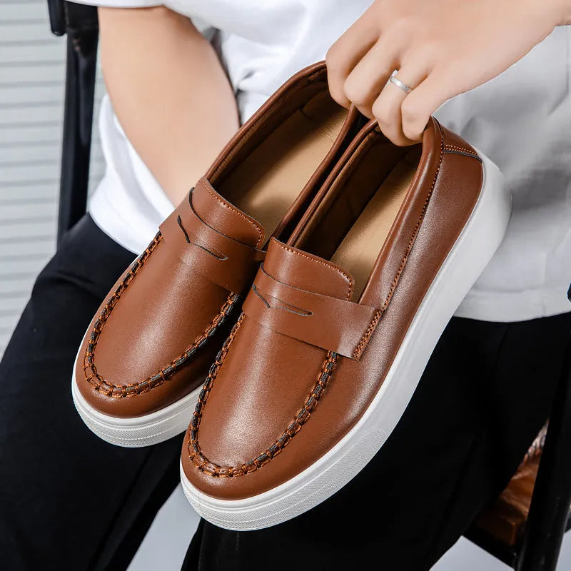 Men's British style summer breathable Gommino shoes, round head, PU leather, available in white, black and white, khaki, sizes 39-45