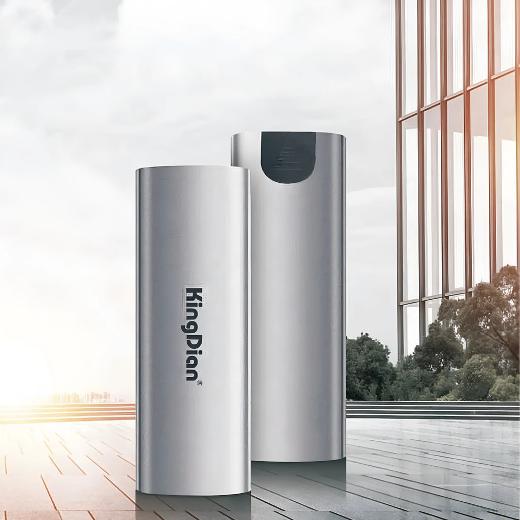 Grey external SSD with USB 3.0 interface for direct mobile phone connection showing compact dimensions