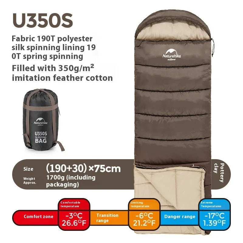 Naturehike envelope hooded sleeping bag in clay gray with hood and zipper, outdoor camping use