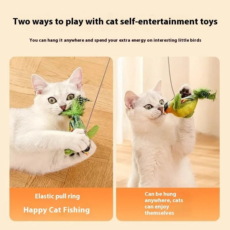 Cat toy simulation bird hanging door teaser plush bird in green white eyebrows colour