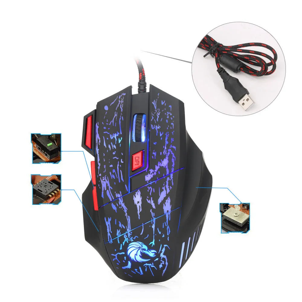 H300BK colour wired gaming mouse with luminous LED lighting effects showing USB cable connection