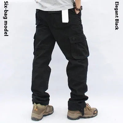 Men's multi-pocket cotton workwear trousers in solid colour, straight-leg design, mid-waist, zipper fly