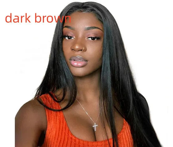 Long straight black synthetic wig with centre-parted bangs on a mannequin head.