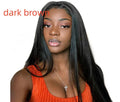 Long straight black synthetic wig with centre-parted bangs on a mannequin head.