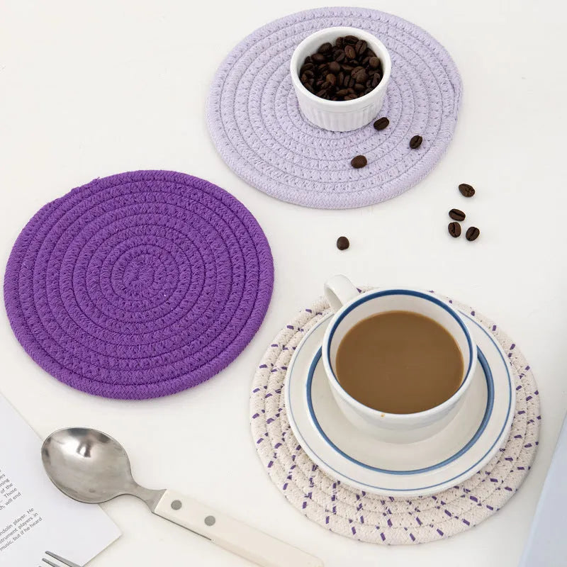 Three round cotton cord coasters in modern simplicity style with 18cm diameter measurement