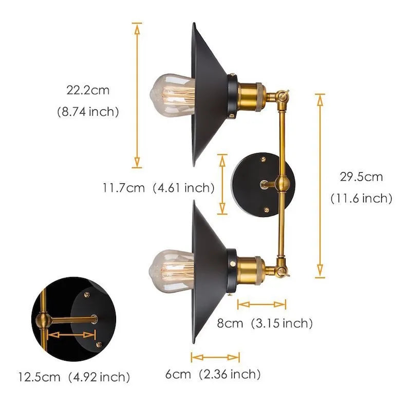 Black iron industrial wall lamp with double head retro design for corridor living room bedroom