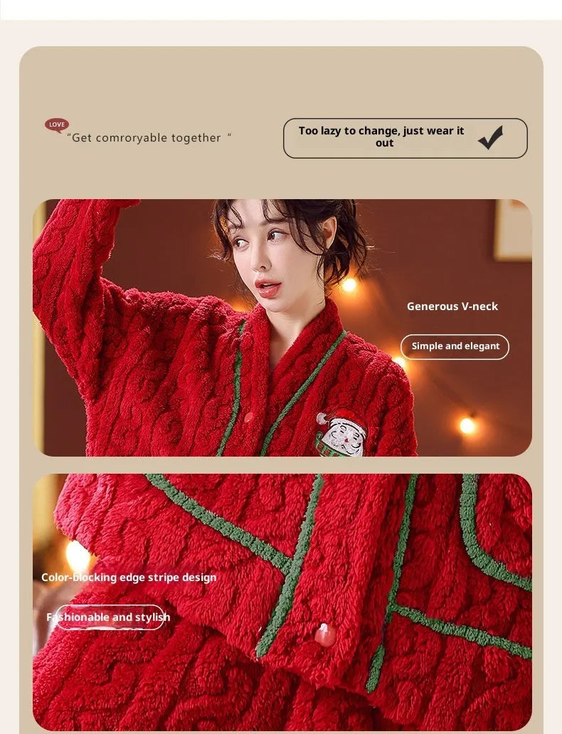 Winter women's red flannel homewear leisure set with long-sleeved top and matching pants