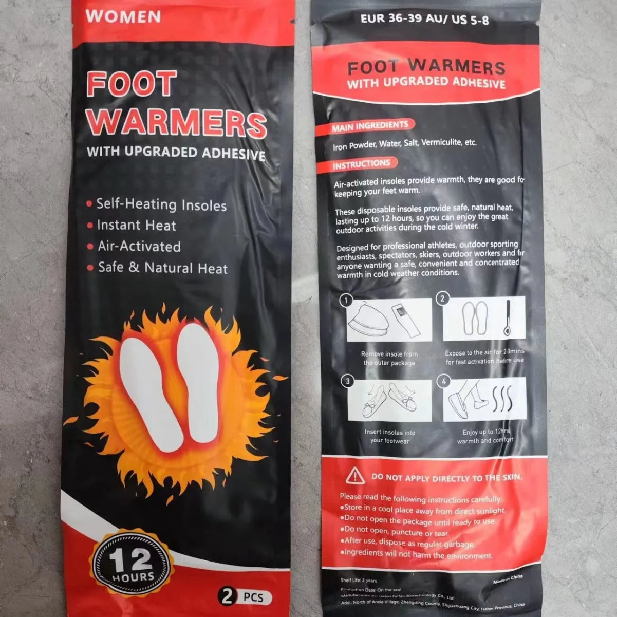 Self-heating foot warmer insoles in two sizes, walkable and battery-free, placed inside a pair of boots