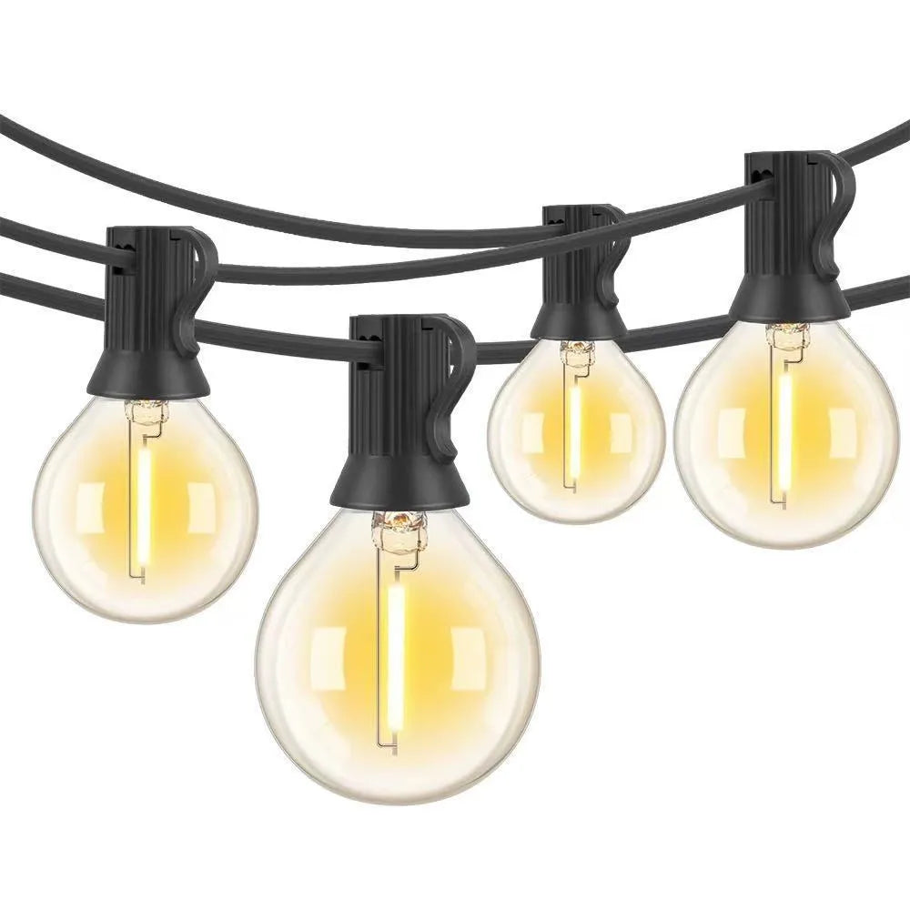 Outdoor waterproof LED lighting chain with warm light, plastic shell, IP44 rating, available in 7.5m, 16.5m, and 26.5m lengths.