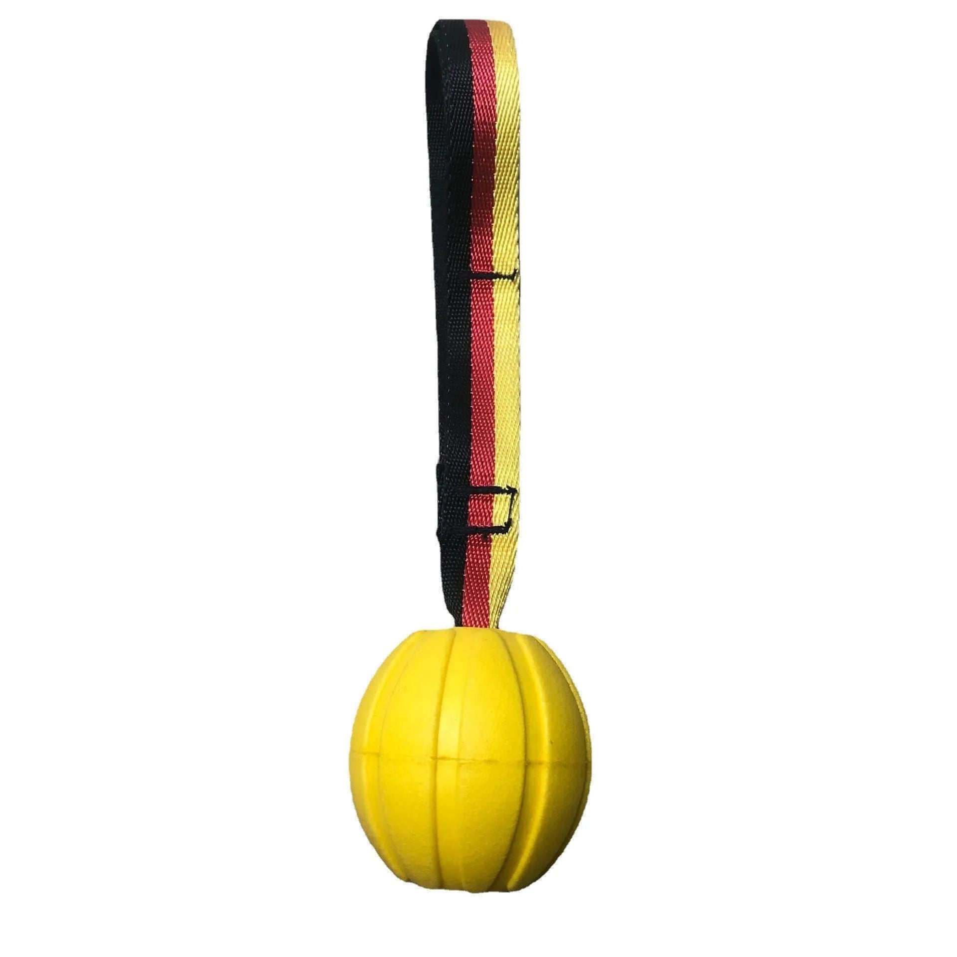 Floating EVA dog training ball with attached string in camouflage and yellow colours, showing three diameter sizes