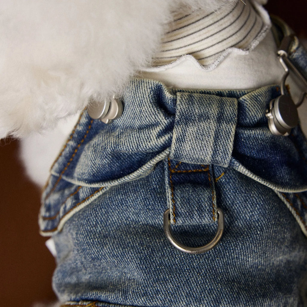 Denim suspender skirt pet clothing for small and medium dogs, 100% cotton, sizes XS to XXL, sleeveless casual style
