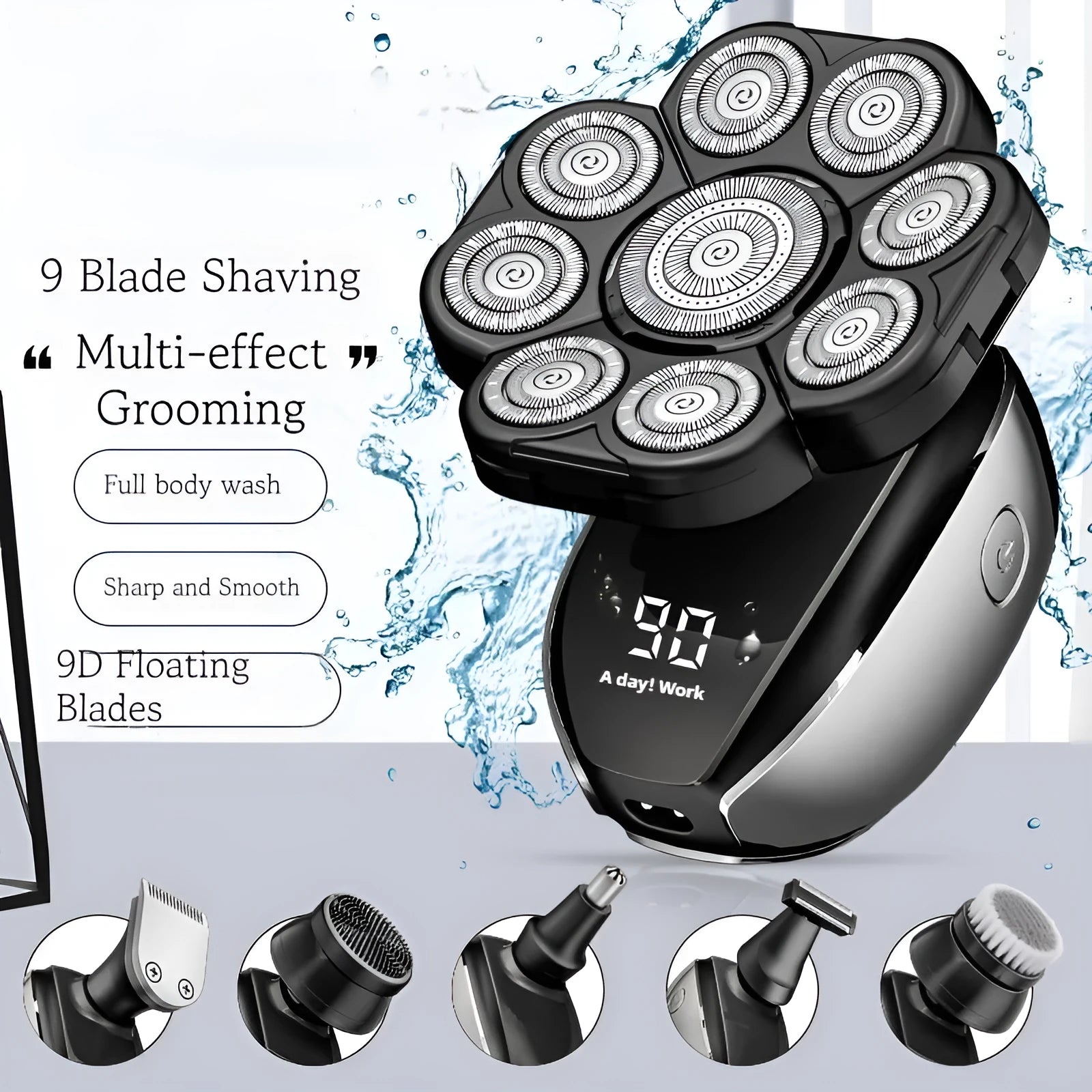 Black rechargeable hair clipper kit with multiple attachments including trimmer, combs, and cleaning brush.