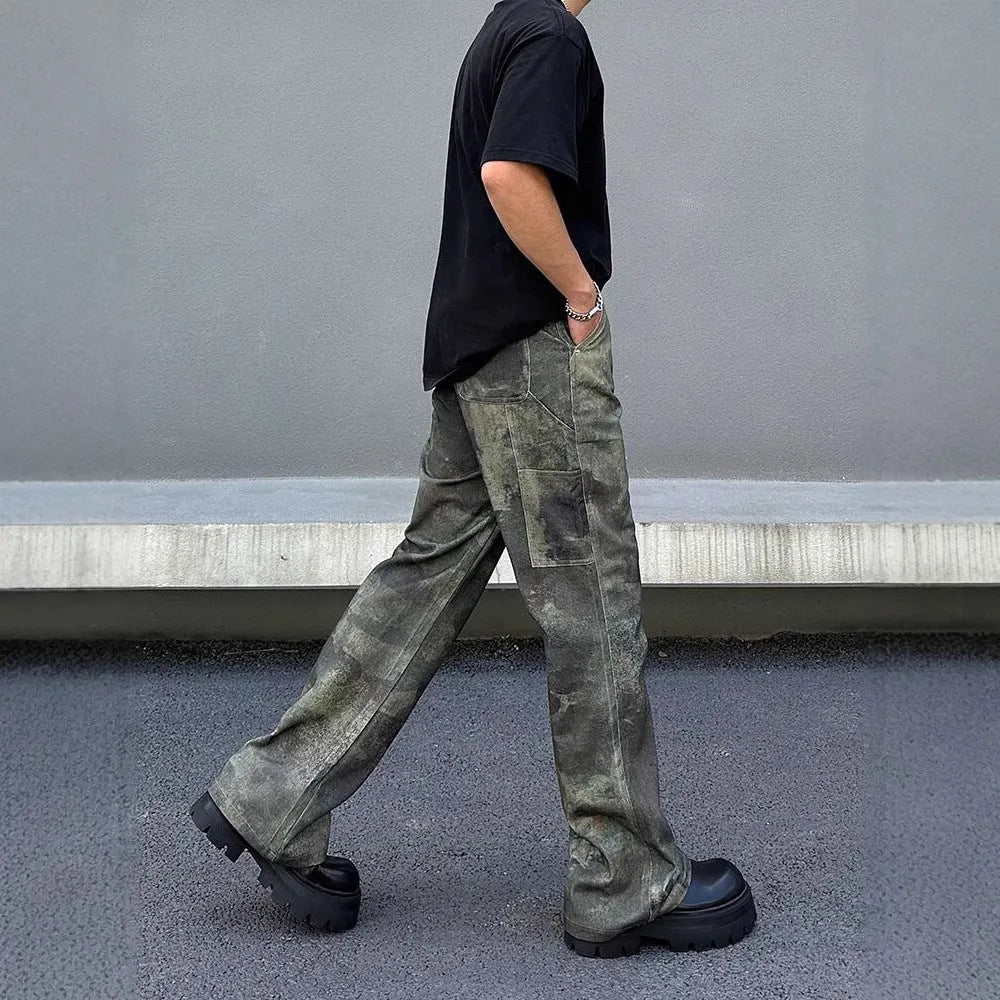 Men's straight cut camouflage jeans in cotton denim fabric showing digital pattern detailing