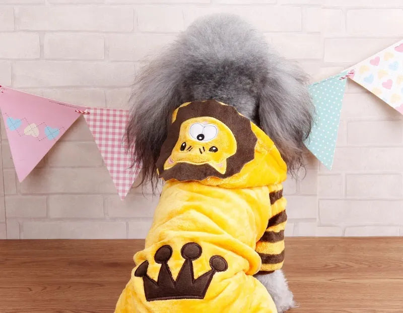 Dog wearing a coral fleece four-legged costume in cartoon animal style, available in sizes XS to 2XL