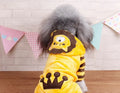 Dog wearing a coral fleece four-legged costume in cartoon animal style, available in sizes XS to 2XL