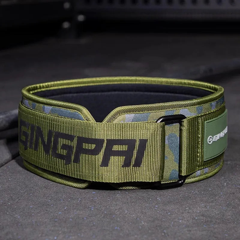 Army Green abdominal exercising and lumbar support belt for weightlifting, shown in size L.