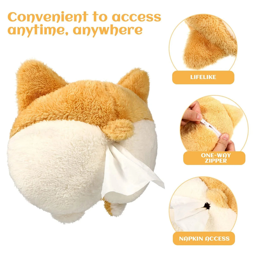Yellow soft plush Corgi butt shaped tissue box cover for car sun visor and home