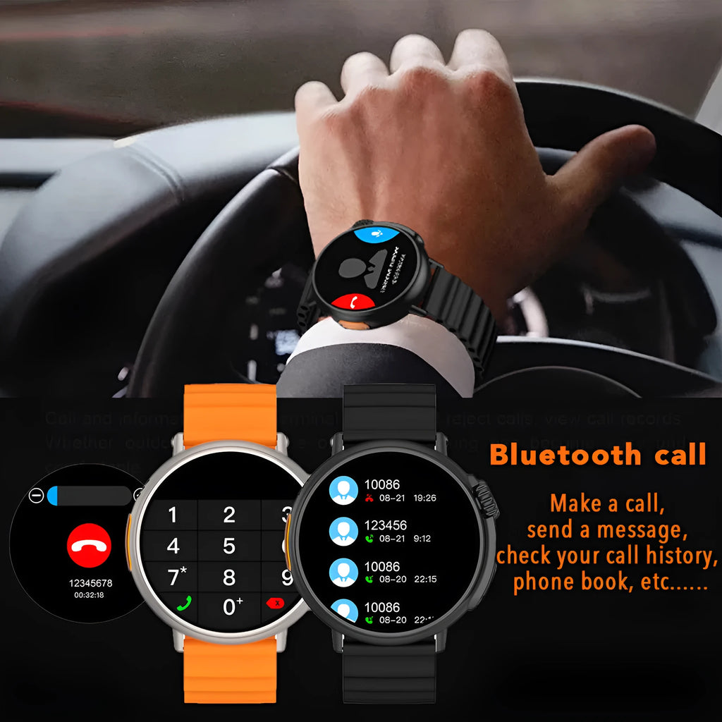 Black smart watch with round dial, 1.6-inch AMOLED screen, and silicone strap on wrist