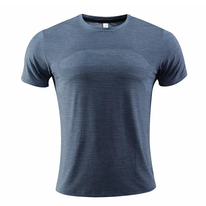 Short sleeve running T-shirt in polyester spandex fabric, available in red, black, and blue colours.