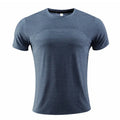Short sleeve running T-shirt in polyester spandex fabric, available in red, black, and blue colours.