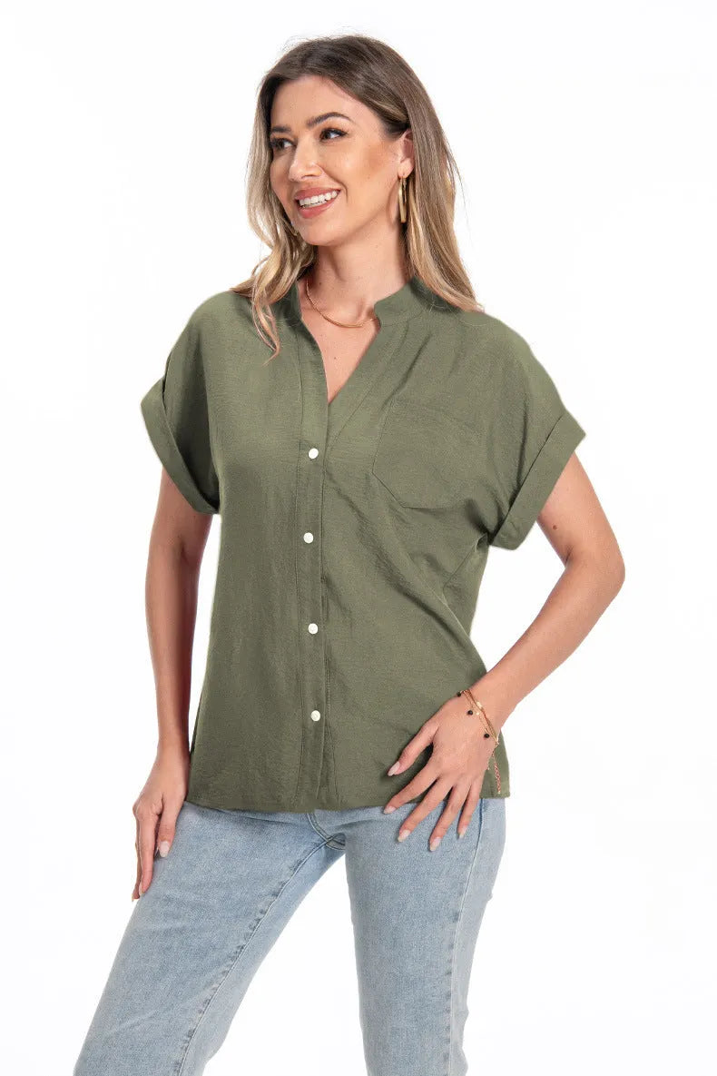 Women's loose-fit polyester summer top with stand collar and short raglan sleeves in Army Green.