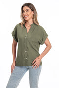 Women's loose-fit polyester summer top with stand collar and short raglan sleeves in Army Green.