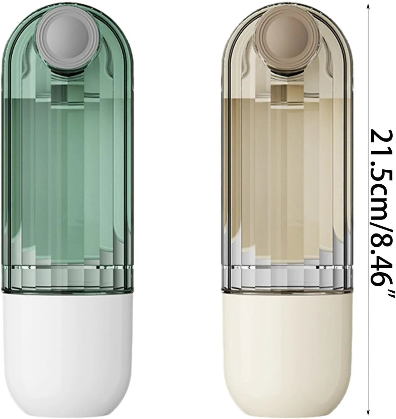 Foldable dog water bottle with food dispenser in beige or green colours for outdoor walking and hiking
