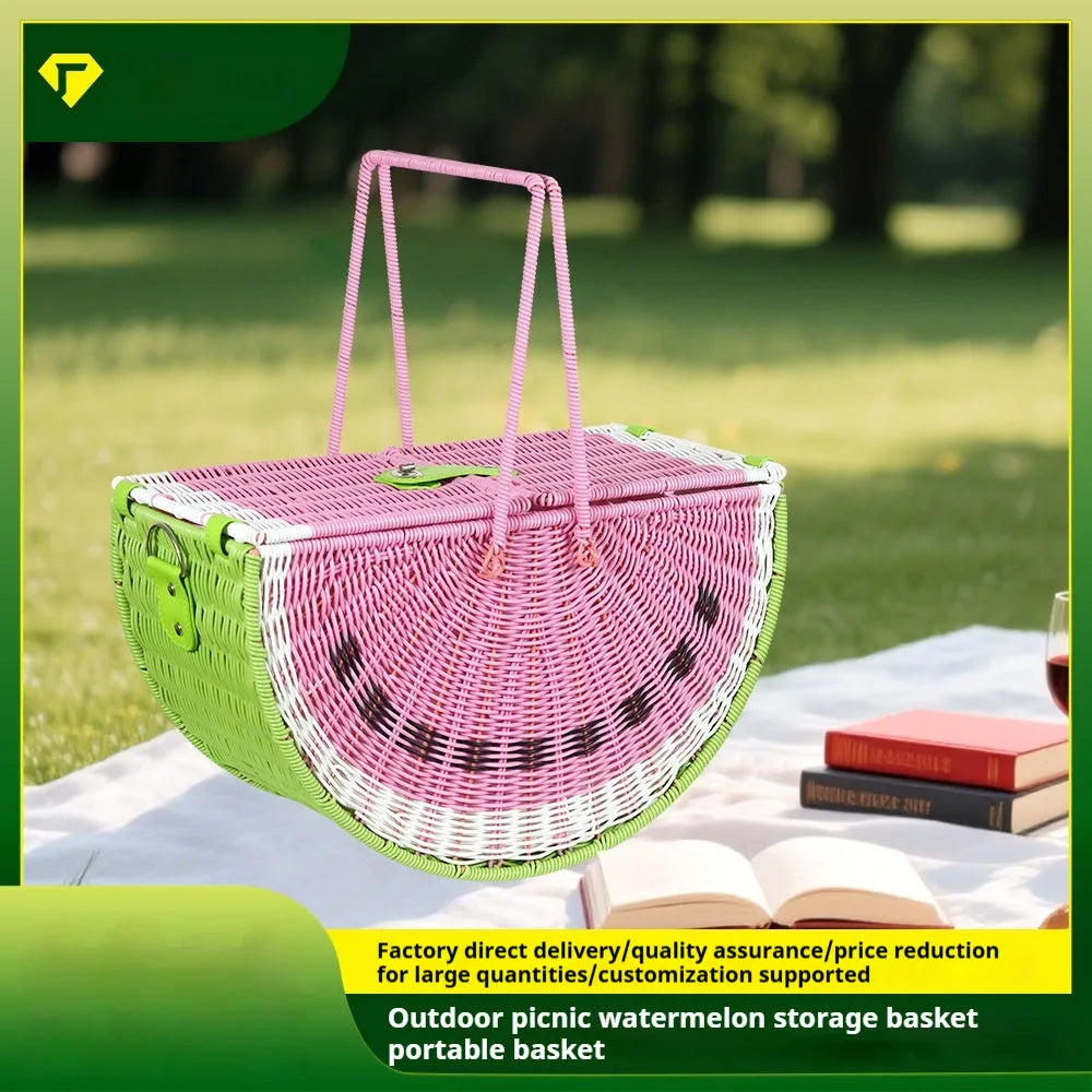 Green hand-held woven PP picnic basket with watermelon design for fruit and vegetable storage