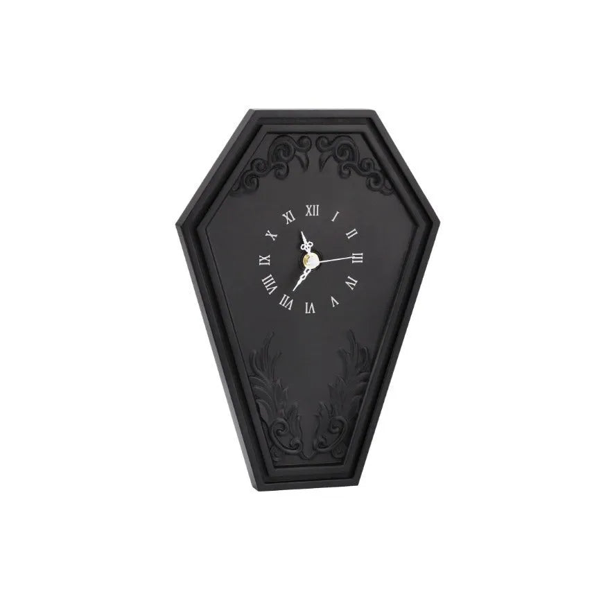 Gothic coffin wall clock, wooden shell and dial, 23x32cm, battery quartz movement, classical dark style