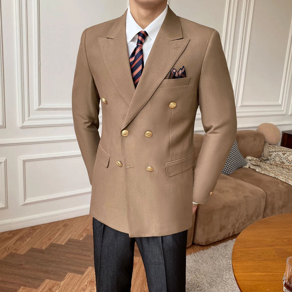 Double breasted suit jacket for men in slim fit, long sleeves, hip collar, available in Khaki, Royal Blue and Black