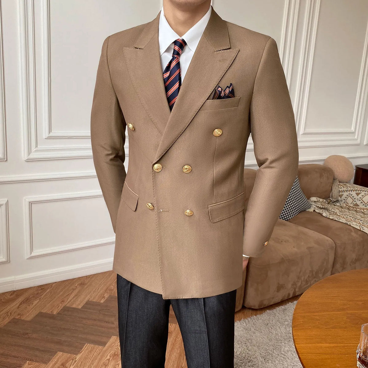 Double breasted suit jacket for men in slim fit, long sleeves, hip collar, available in Khaki, Royal Blue and Black