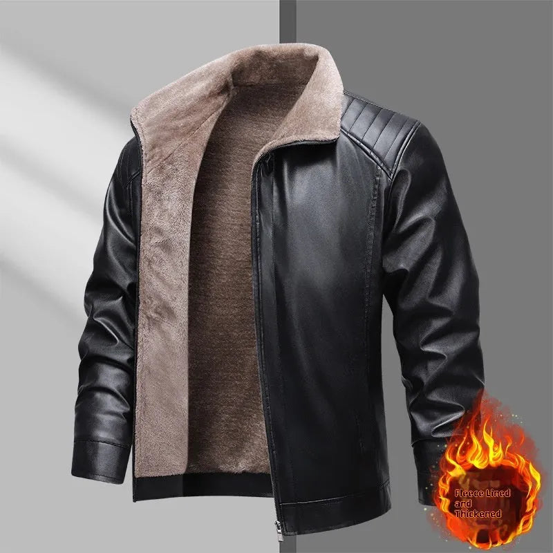 Fleece-lined thickened PU leather men's jacket in black, available in sizes M to 3XL