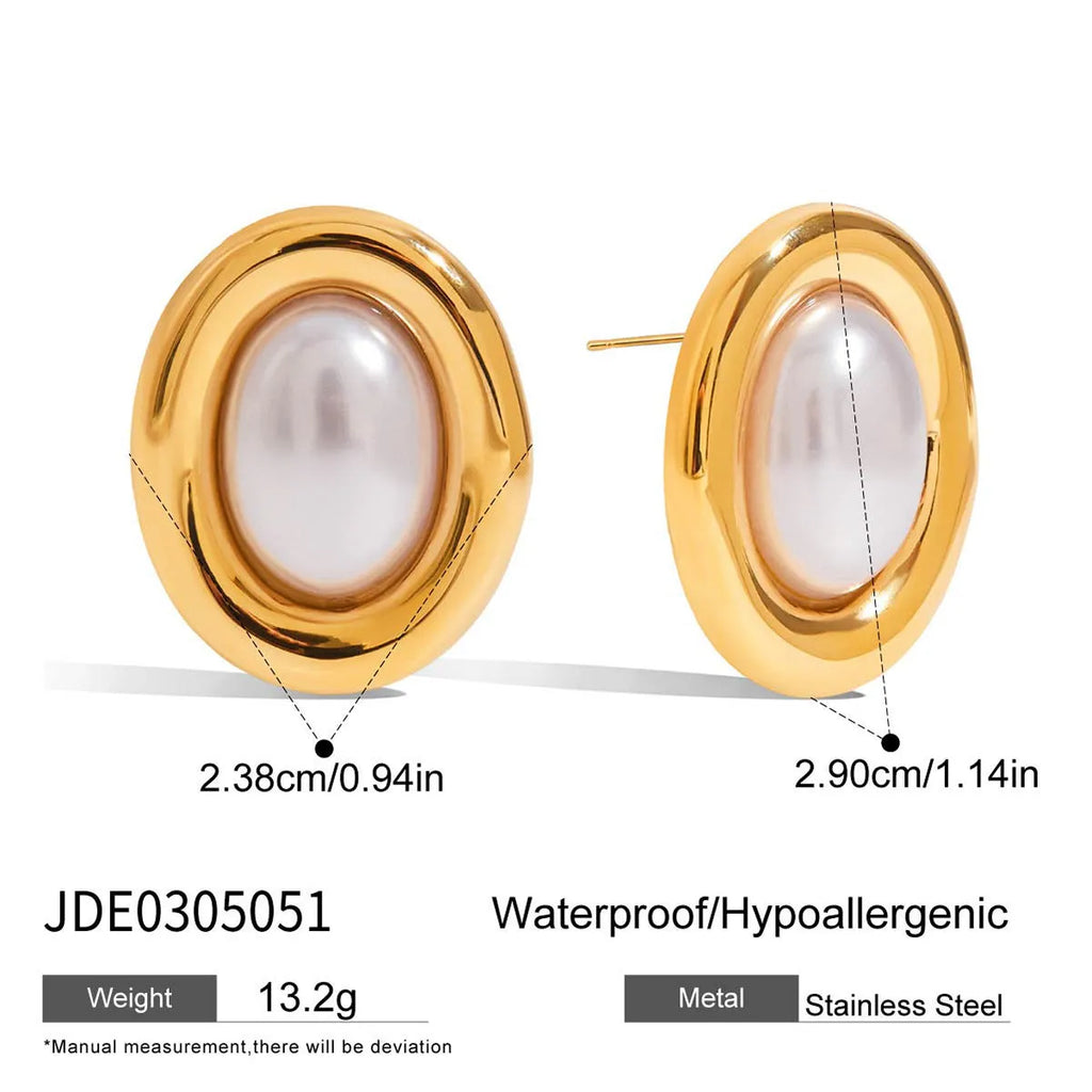 Close-up of women's stainless steel vintage pearl stud earrings with a 10mm white pearl.