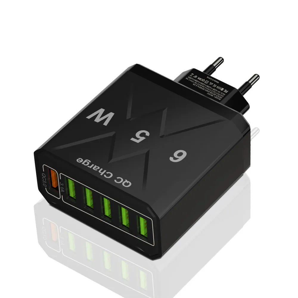 6-port USB charger in white or black with UK, EU or US plug standard, PC ABS body