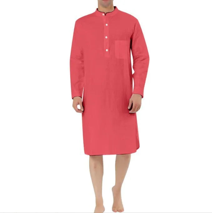 Men's cotton shirt robe with multiple pockets shown in available colours with shirt-style closure