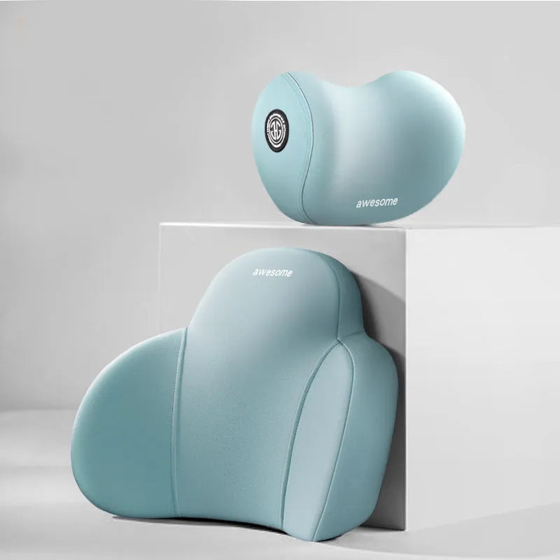 Automotive headrest and lumbar support pillows with memory foam filling and cotton covers in multiple colour options