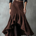 Western brown polyester maxi skirt with high-low hemline and ruffle trim detail