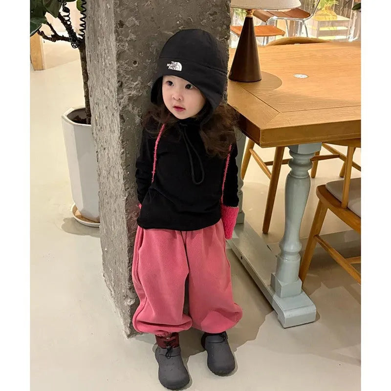 Girls rose red fleece sweatpants on display, casual trousers suitable for heights 90-140cm
