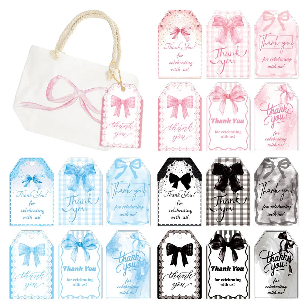 Birthday party gift label tags set with bowknot designs and hemp rope ties