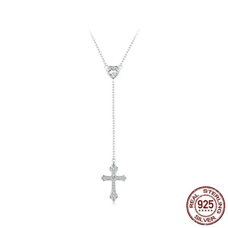 Silver cross necklace with O-ring chain in BSN384 colour, showing V-neck design