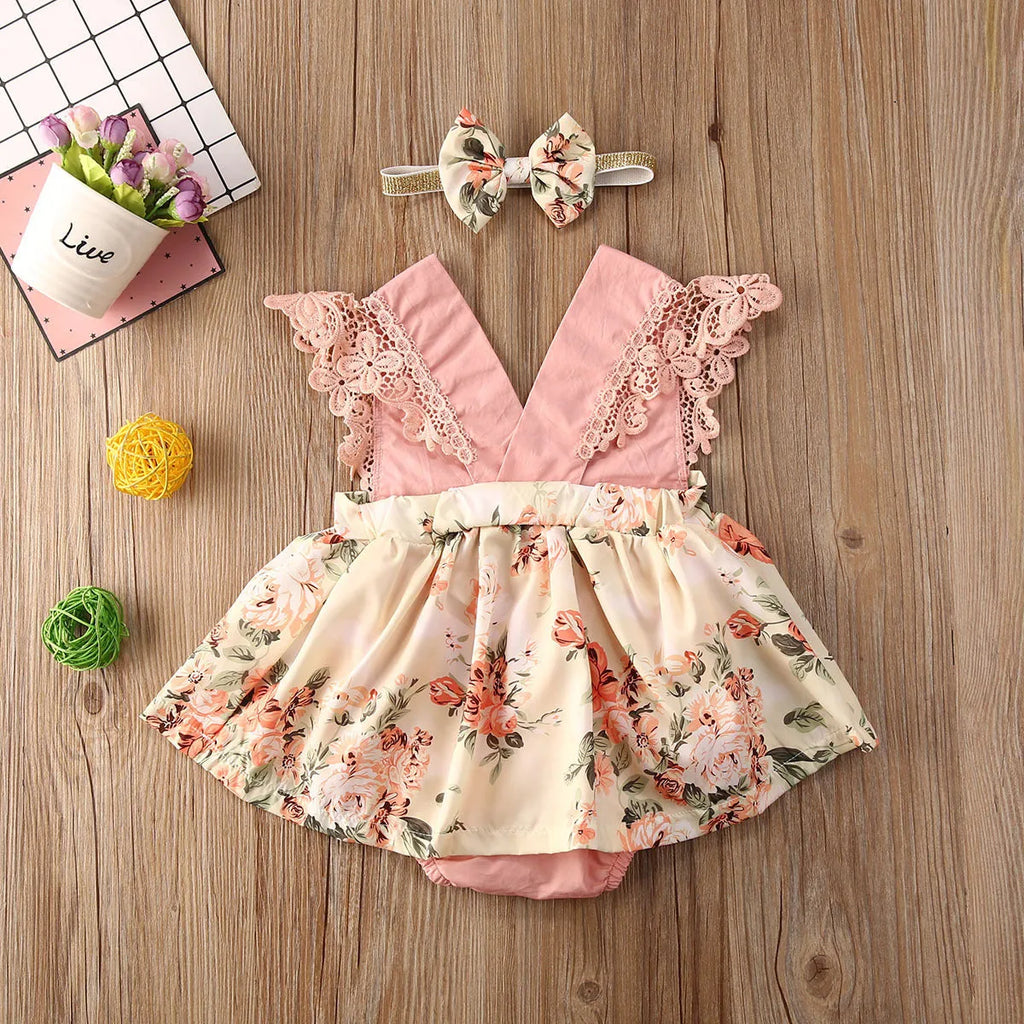 Baby girl pink floral lace V neck sleeveless jumpsuit with matching headband on white background