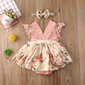 Baby girl pink floral lace V neck sleeveless jumpsuit with matching headband on white background