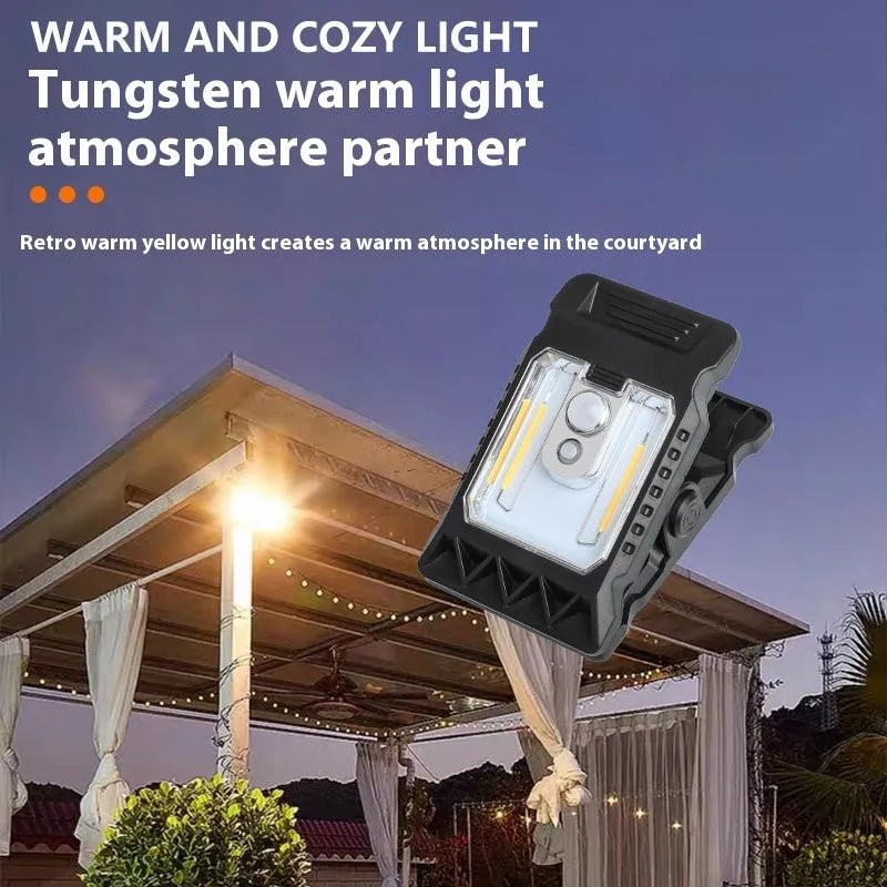 Compact white clip lamp with human body sensor, shown with dimensions 11.2cm by 7.6cm.