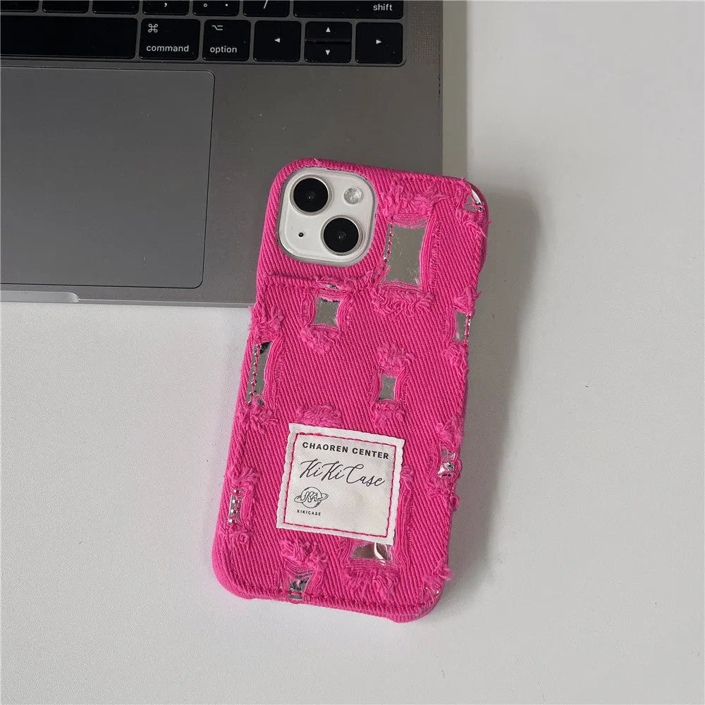 Mirror hole denim TPU phone case with rhinestone animal pattern for iPhone, back cover in rose red