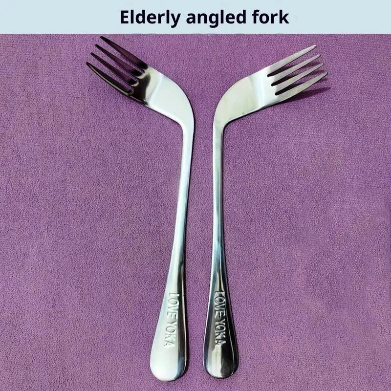 Stainless steel elbow spoon and fork set for elderly feeding care left and right hand options